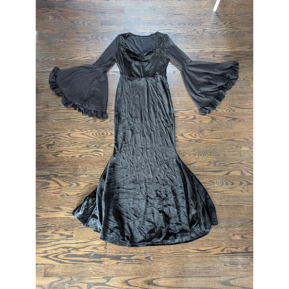 Women's Black Velvet Fairy Goth Bell Sleeve Mermaid Maxi Size S Small Whimsygoth